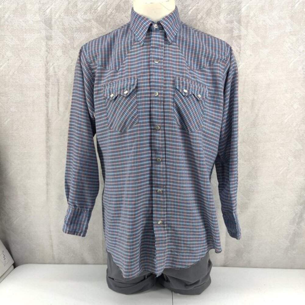 Vintage Dee Cee Shirt Men 16.5‎ Blue Plaid Pearl Snap Western Cowboy Sawtooth